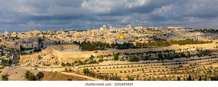Jerusalem, Israel - October 13, 2017: Metropolitan Jerusalem panorama with Temple Mount, Al-Aqsa Mosque and Dome of the Rock in Old City seen from Mount of Olives