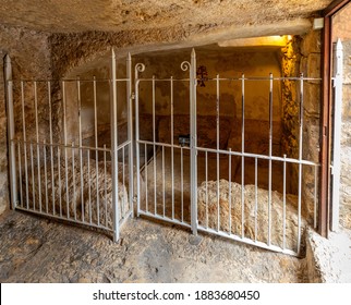 Jerusalem, Israel - October 14, 2017: Burial chamber Interior of Garden Tomb considered as place of burial and resurrection of Jesus Christ near Old City of Jerusalem
