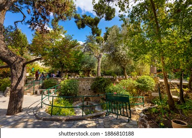 Jerusalem, Israel - October 14, 2017: Outdoor wine press in Garden Tomb park considered as place of burial and resurrection of Jesus Christ near Old City of Jerusalem
