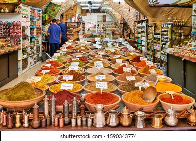 Jerusalem Israel. Selling spices in a shop of the old city. Jerusalem Israel September 2019