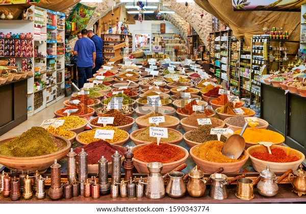 Jerusalem Israel. Selling spices in a shop\
of the old city. Jerusalem Israel September\
2019