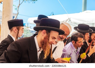 JERUSALEM, ISRAEL - SEPTEMBER 20, 2018: Orthodox Jews With Sidelocks In Black Hats Choose Ritual Plants For The Holiday Of Sukkot. Pre-holiday Bazaar.