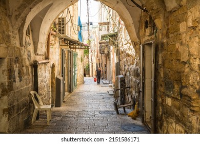 Jerusalem, Israel - September 28,2019 - The historic stone street in Jerusalem