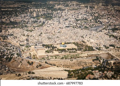 JERUSALEM, ISRAEL. SEPTEMBER 5, 2012: Dome of the Rock ("Qubat as-Sakhra") and Al Aqsa Mosque at the Temple Mount, Jerusalem Old City aerial view, Temple Mount crisis stock image.