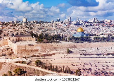 Jerusalem Old City Panorama At Sunny Day