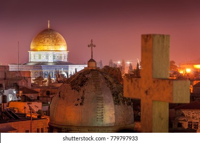 Jerusalem Old City And Temple Mount At Night, Israel