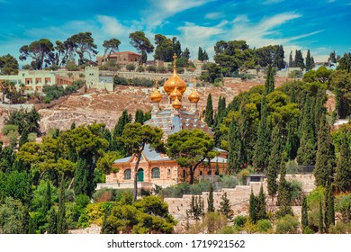 Jerusalem: Russian Orthodox Church Of Maria Magdalene. Israel Tourism. Blue Sky