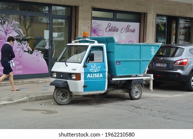 JESOLO, ITALY - AUGUST 26, 2014: Piaggio Ape A Three-wheeled Light Commercial Vehicle Based On A Vespa Scooter Produced Since 1948 By Italian Company Piaggio