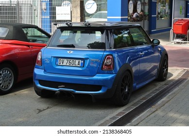 Jesolo, Italy - June 12, 2015: Bright Blue MINI Cooper S Compact Hot Hatch Car On The City Street.