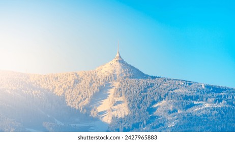 Jested Mountain with unique hotel and TV transmitter on the top on sunny winter day, Liberec, Czechia - Powered by Shutterstock