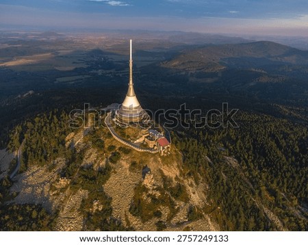 Jested Tower on Mountain Ridge at Sunset, Iconic Television Transmitter and Landmark in Czech Republic Landscape