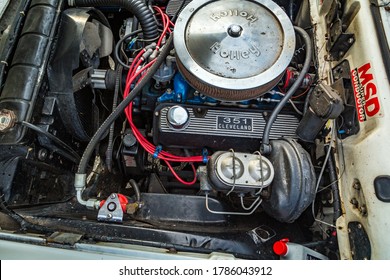 Jesup, GA - March 17, 2018: Top View Of Ford V8 351 Cleveland Engine At The Jesup 2018 St. Patrick's Day Car Show.