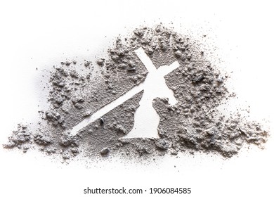 Jesus carries the heavy burden of the cross on Way of the Cross calvary on Golgotha on Godd friday before Easter, drawing illustration in ash or dust as Lent period suffering concept