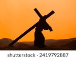 Jesus carrying wooden cross on sand against orange background. Good Friday concept