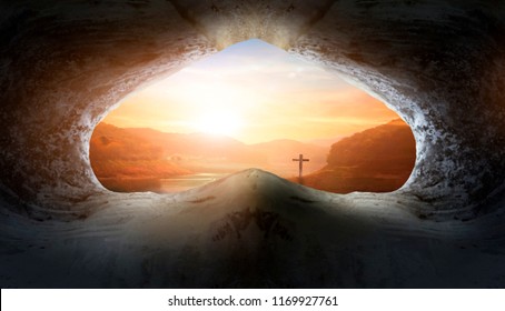 Jesus Christ Birth Death Resurrection Concept:Tomb Empty With Crucifixion At Sunrise - Shutterstock ID 1169927761
