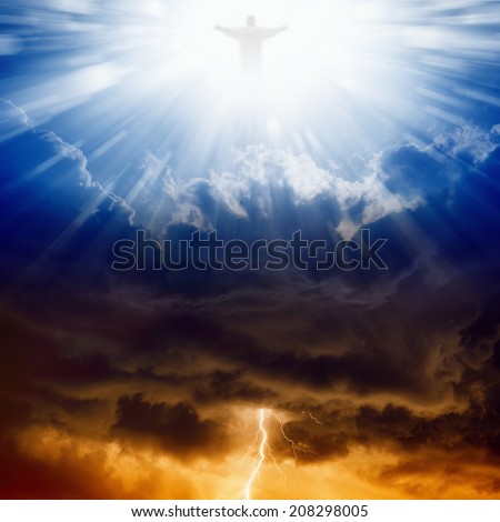 Jesus Christ in blue sky with clouds, bright light from heaven, heaven and hell