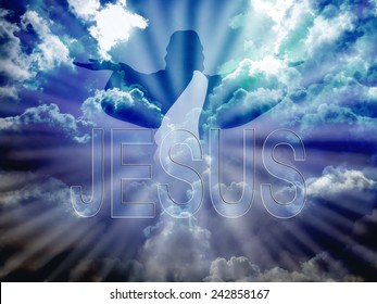 Jesus Christ in blue sky and word Jesus