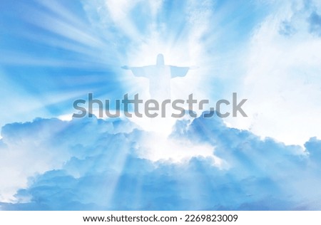 Jesus Christ In The Clouds Of Heaven blue sky background,good friday concept