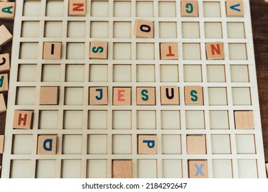 Jesus Christ. Colourful wooden square letters creating the name of Christian son of God. Bible and religion concept. . High quality photo