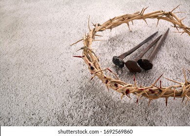 Jesus Christ Crown of thorns with three nails. Religion background. Easter symbol. Crucifixion Of Jesus Christ.