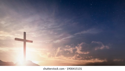 Jesus Christ Death On Cross Crucifixion On Calvary In Sunrise Good Friday Risen In Easter Day Concept For Christian Praise For Holy Spirit Worship God, Catholic Praying Star Morning Dawn Background.