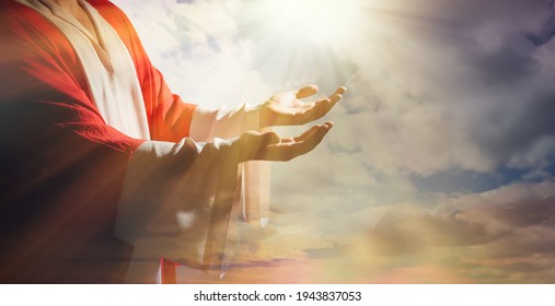 Jesus Christ reaching out his hands and praying at sunset, banner design - Shutterstock ID 1943837053