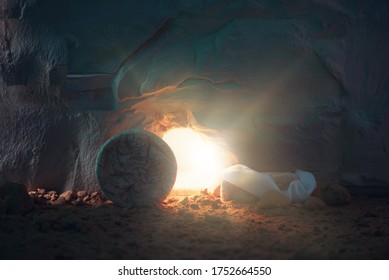 Jesus Christ resurrection. Christian Easter concept. Empty tomb of Jesus with light. Born to Die, Born to Rise. "He is not here he is risen". Savior, Messiah, Redeemer, Gospel. Alive. Miracle - Shutterstock ID 1752664550