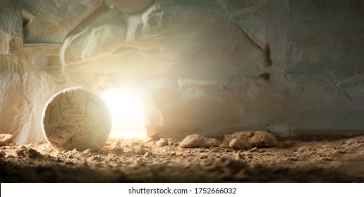 Jesus Christ resurrection. Christian Easter concept. Empty tomb of Jesus with light. Born to Die, Born to Rise. "He is not here he is risen". Savior, Messiah, Redeemer, Gospel. Alive. Miracle
