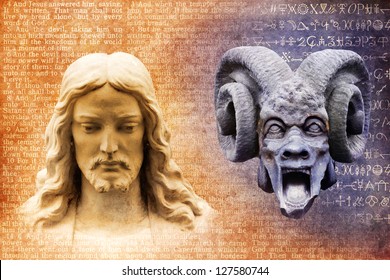 Jesus Christ And Satan The Devil Against A Background Of Gospel Texts And Mysterious Alchemy Symbols.