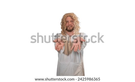 Jesus Christ shows scars on hands stigmata from wounds after crucifixion
