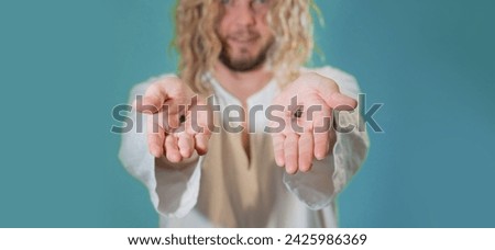Jesus Christ shows scars on hands stigmata from wounds after crucifixion