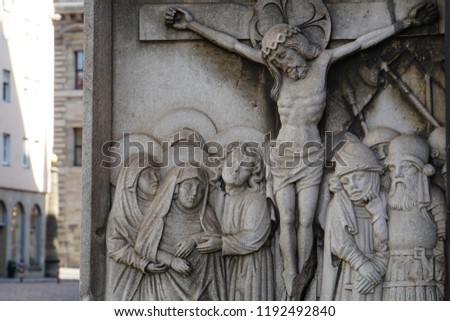 Jesus Christ Statue Relief In The Beautiful Historical Nuremberg City At Sunny Day. Historic Highlights of Germany. Nuremberg is the birthplace of Albrecht Duerer and Johann Pachelbel. 