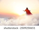 Jesus Christ in sunlight among clouds in sky