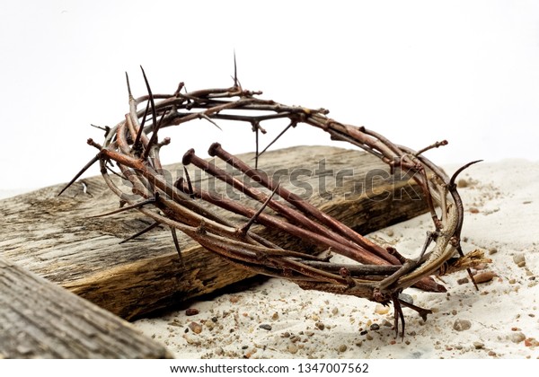 Jesus Crown Thorns and nails and cross on sand.\
Vintage Retro Style.