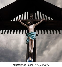 Jesus Crucified On Wooden Cross Stock Photo 1295029327 