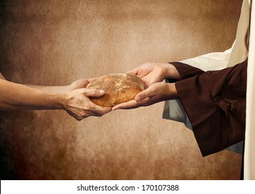 Jesus gives the bread to a beggar on beige background