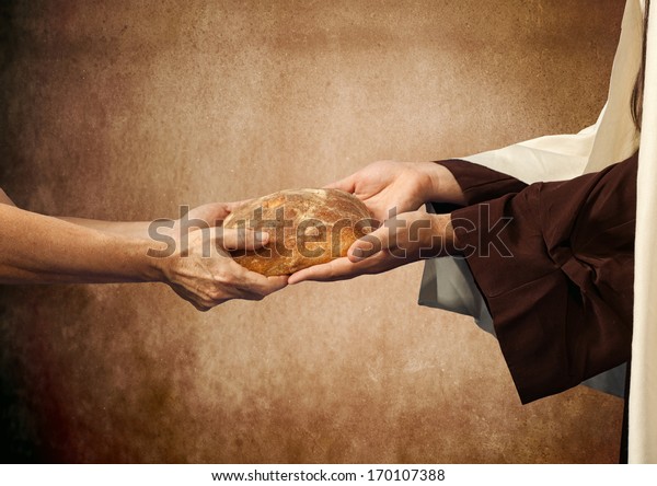 Jesus\
gives the bread to a beggar on beige\
background