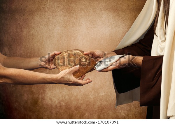 Jesus gives\
bread and fish on beige\
background