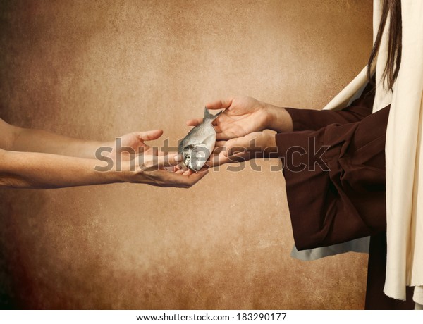 Jesus\
gives the fish to a beggar on beige\
background