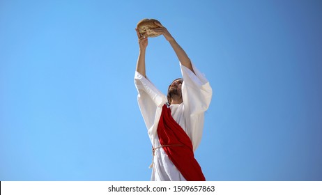 Jesus God Raising Bread In Hands To Sky, Blessing Sacramental Food, Eucharist