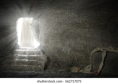 Jesus leaving empty tomb while light shines from the outside - Shutterstock ID 562717075
