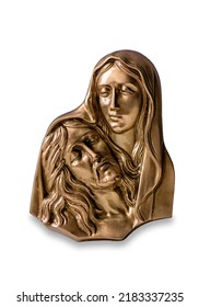 Jesus and Mary. Mother Mary holding her son Jesus. Bas-relief in bronze, Faces of the Mother of St. Mary and Jesus Christ after the Crucifixion. Jesus Christ in the arms of the Virgin Mary.