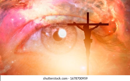 Jesus on the cross at sunset on the background girl's eye and cosmos "Elements of this image furnished by NASA"
