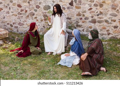 Jesus Preaching To A Group Of People - Historical Reenactment 