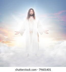 Jesus resurrected in heavenly clouds bathed in luminous light