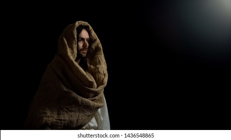 Jesus In Robe Standing In Dark, Religion As Hope For Salvation In Sinful World