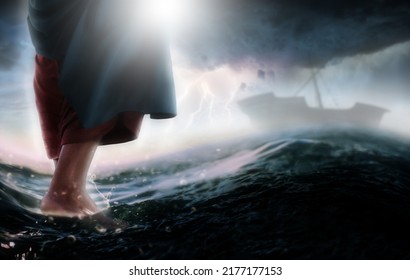 Jesus walks on water across the sea towards a boat during a storm. Biblical theme concept. - Shutterstock ID 2177177153