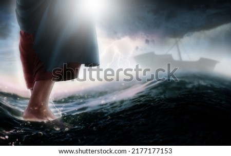 Jesus walks on water across the sea towards a boat during a storm. Biblical theme concept.