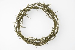 Jesus Wooden Crown Of Thorns Used By Catholic Christians On Good Friday Ceremony. Isolated On White Background With Empty Blank Copy Text Space.