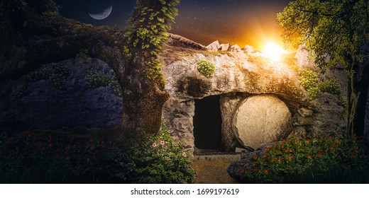 Jesus's Empty Tomb At Sunrise. Concept Of Resurrection.